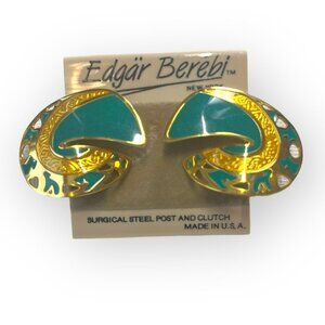 Vintage 80s Edgar Berebi Statement Earrings Gold & Green Enamel For Pierced Ears